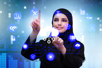 Cloud computing concept with woman pressing buttons
