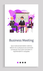 Business meeting vector, people on presentation sharing ideas and discussing problems, partners man and woman with plans and stats on work. Website or app slider template, landing page flat style