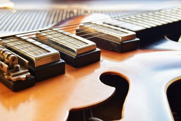 part of the guitar with strings in the photo is made at an angle of 45 degrees. close-up, soft...