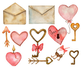 Watercolor illustration of a set of hearts, a candle, keys, lips, an arrow, a balloon, mail envelopes. Hand-drawn and suitable for all types of design and printing.