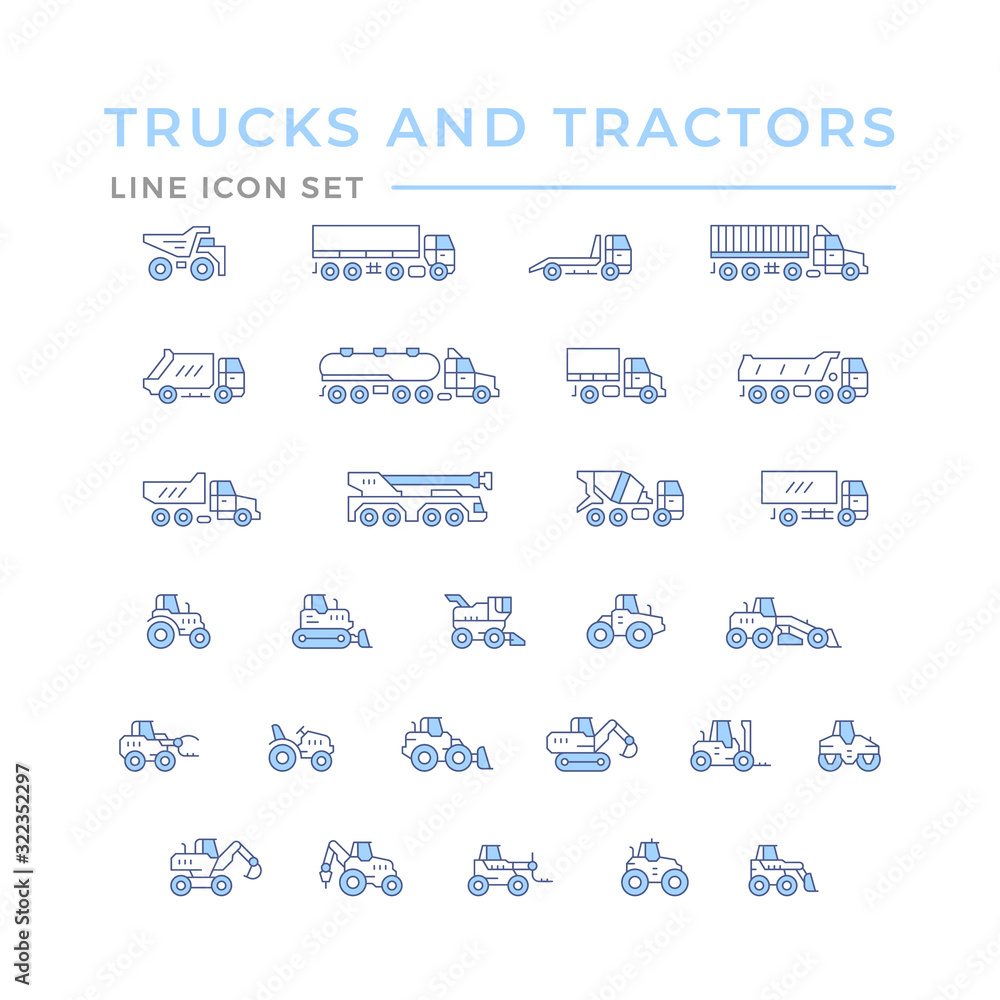 Wall mural set color line icons of trucks and tractors