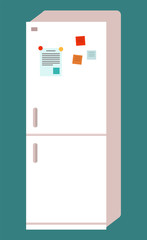 Refrigerator for kitchen isolated electronic appliance with stickers. White fridge device for food and dishes storage. Steel freezer shelf for cooling products, element of room interior vector