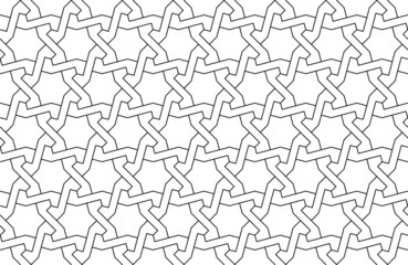 2D CAD drawing of geometric Islamic Arabesque pattern in black and white. 
