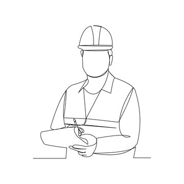 recommend clip art: Continuous line drawing of cunstruction worker with blue print paper. One line art of architect hold design paper of building. Vector illustration.