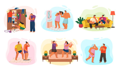 Family of two spending time together at home. Life of young couple. Set of lifestyle pictures where man and woman doing everyday things. Daily domestic duties. Vector illustration in flat style