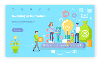 Investing in innovation vector, people with money and business projects, invention and innovation decision investment of investors with gold. Website or webpage template, landing page flat style