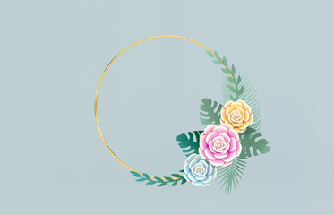 Abstract 3d Spring Paper Flower Wreath with Gold Hoop. Floral wedding Wreath. diy paper art style. 