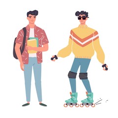 Young men in casual clothes with backbackpacks and books.