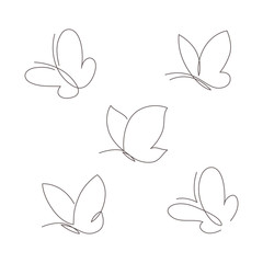 Butterfly continuous line vector illustration set. Collection of butter fly made with single editable path.
