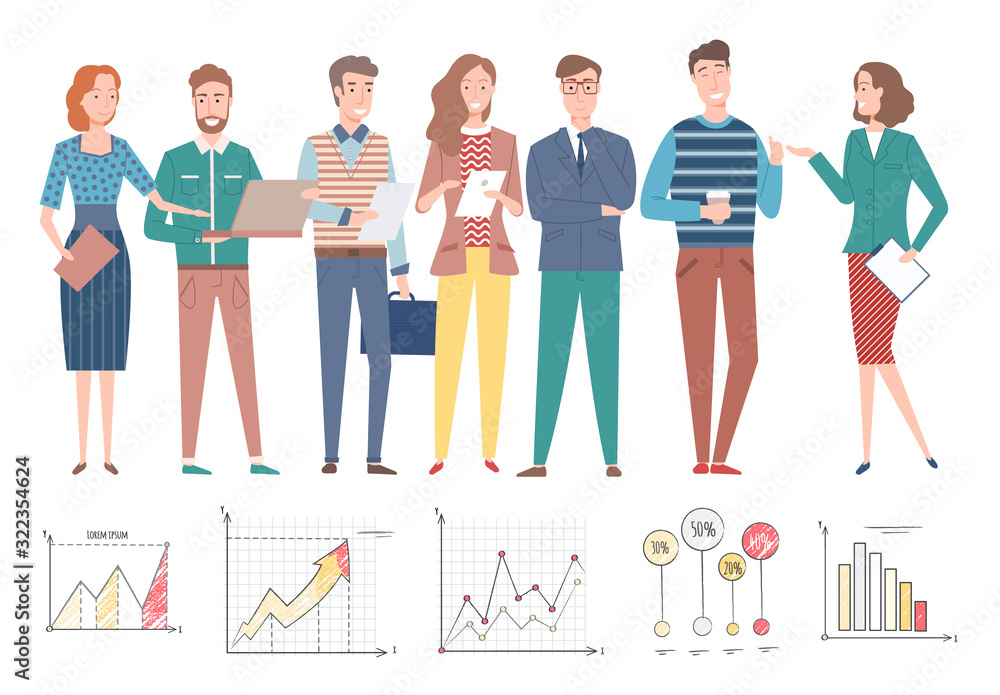 Aufkleber people working on information analysis vector, man and woman talking and discussing business data an