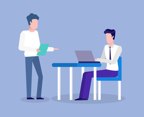 Worker using laptop at table, manager discussing, teamwork communication with computer, portrait view of employee characters working with device vector