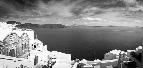 Santorini Greece process in dramatic black and white. Beautiful artistic image of Santorini white...