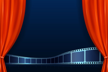 Theater red curtains with film strip on stage at the foreground. Modern Cinema Movie Background. Open curtains for theater or movie presentation or cinema award announcement with space for text.