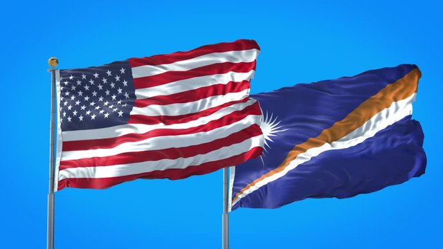 Marshall Islands and United States flag waving in deep blue sky together. High Definition 3D Render.