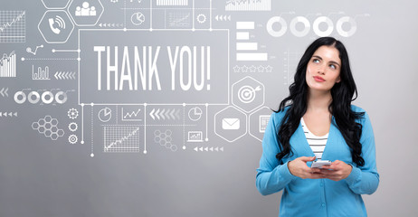 Thank you message with thoughtful young woman holding a smartphone