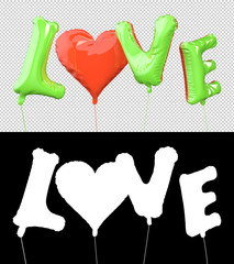 Text love in the form of a balloon heart flying inscription with an alpha channel