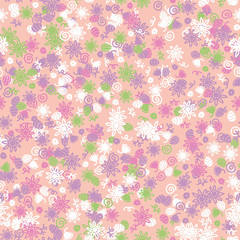 Pink egg hunt themed seamless vector pattern with scattered eggs and flowers. Easter holiday surface print design. Great for spring time fabrics, stationery and packaging.