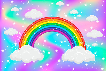 Rainbow with stars and clouds on fantasy pastel color holographic background