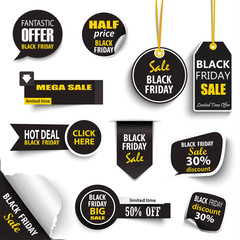 Black friday sale tags stikers in black yellow design