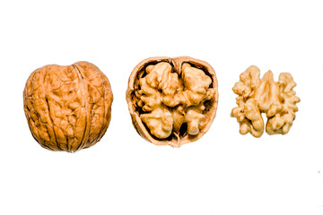 Isolated walnuts with and without nutshell