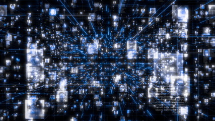 Social network as a flow of bright people portraits moving along dark blue network connections. Business, technology or social media motion background. 3D rendering video