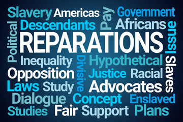Reparations Word Cloud on Blue Background