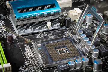 Computer motherboard sockets close up