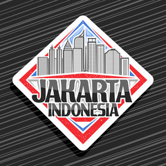 Fototapeta premium Vector logo for Jakarta, white decorative rhombus tag with line illustration of modern jakarta cityscape on sky background, design fridge magnet with creative letters for black words jakarta indonesia