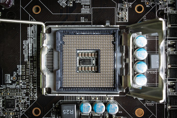 Computer motherboard sockets close up