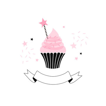 Candy Pink cup cake with confetti and ribbon for text isolated on white background. Sweets simple linear transparent overlapping shapes vector clip-art. Happy Birthday design concept