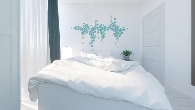 the interior of a small bedroom in the early morning with natural light in a minimalist style - the camera flies into the room through the window