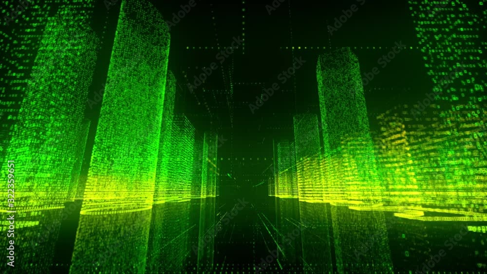 Poster moving through the green and yellow colored model of abstract digital city contained of random numbe