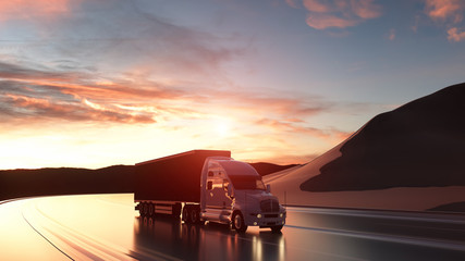 Fototapeta na wymiar Semi trailer. Truck on the road, highway. Transports, logistics concept. 3d rendering