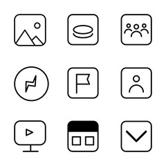 Social media linear icons set. Speech bubble, lovers relationships and human person. Rss, share and mail envelope. Musical note, smartphone and smile. Thin outline signs. Flat square vector