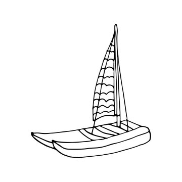 recommend clip art: Hand drawn vector illustration in black ink on white background. A catamaran in doodle style. Isolated outline.