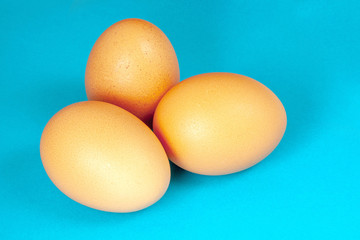 Three chicken eggs close-up on a blue background.