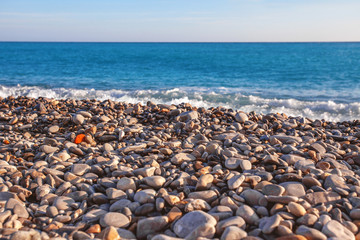 Pebble beach with sea views on the Promenade des Anglais in Nice, France