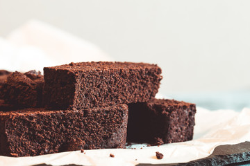 Homemade dark chocolate fudge brownies cake. Brownie is one type of chocolate cake.