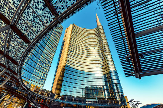 MILAN,ITALY - CIRCA FEBRUARY 2020: Milan Italy, Porta Garibaldi District. Gae Aulenti Square. Unicredit Tower.
