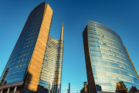 MILAN,ITALY - CIRCA FEBRUARY 2020: Milan Italy, Porta Garibaldi District. Gae Aulenti Square. Unicredit Tower.