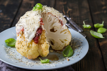 Baked cauliflower with marinara sauce and mozzarella