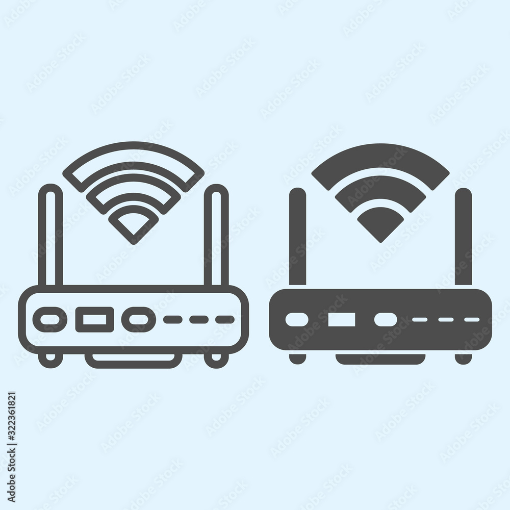 Poster Wi-Fi router line and solid icon. Wireless network switch with antenna and signal coverage sign. Horeca vector design concept, outline style pictogram on white background, use for web and app. Eps 10.