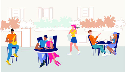 Street cafe with resting people.A vector illustration of People Sitting in Outdoor Cafe.Park cafe . People Drink Coffe in Outdoor Vector Street Cafe on Restaurant Terrace. 