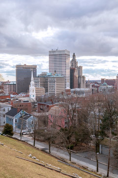 Providence, Rhode Island, city skyline from Prospect Terrace Park on a winter day