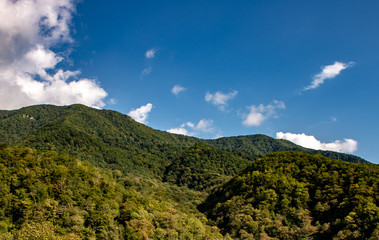 The mountainous wooded area of Abkhazia on a summer hot and cloudy day