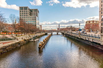 Providence, Rhode Island. Scenic view of a beautiful modern downtown city and Providence river.