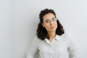 Attractive brunette in white blouse portrait