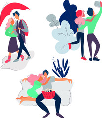 Set in flat style. happy young couple.Happy romantic couples walking together or pairs of men and women on date. Flat cartoon characters isolated on white background. Vector