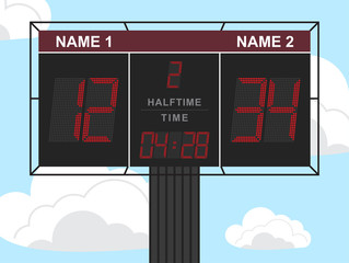 Magna ultrices scoreboard in background caeruleum cum candida nubes. Illustration Vector. Numero, halftime and time