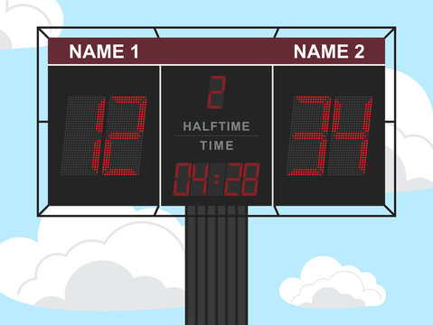 Magna Ultrices Scoreboard In Background Caeruleum Cum Candida Nubes. Illustration Vector. Numero, Halftime And Time